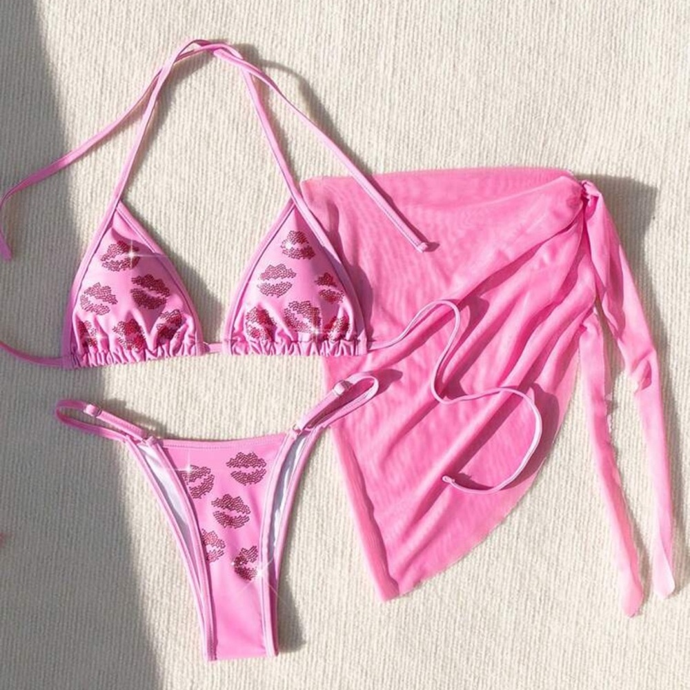 Pink & Red Rhinestone Lips 3 Piece Bikini Set